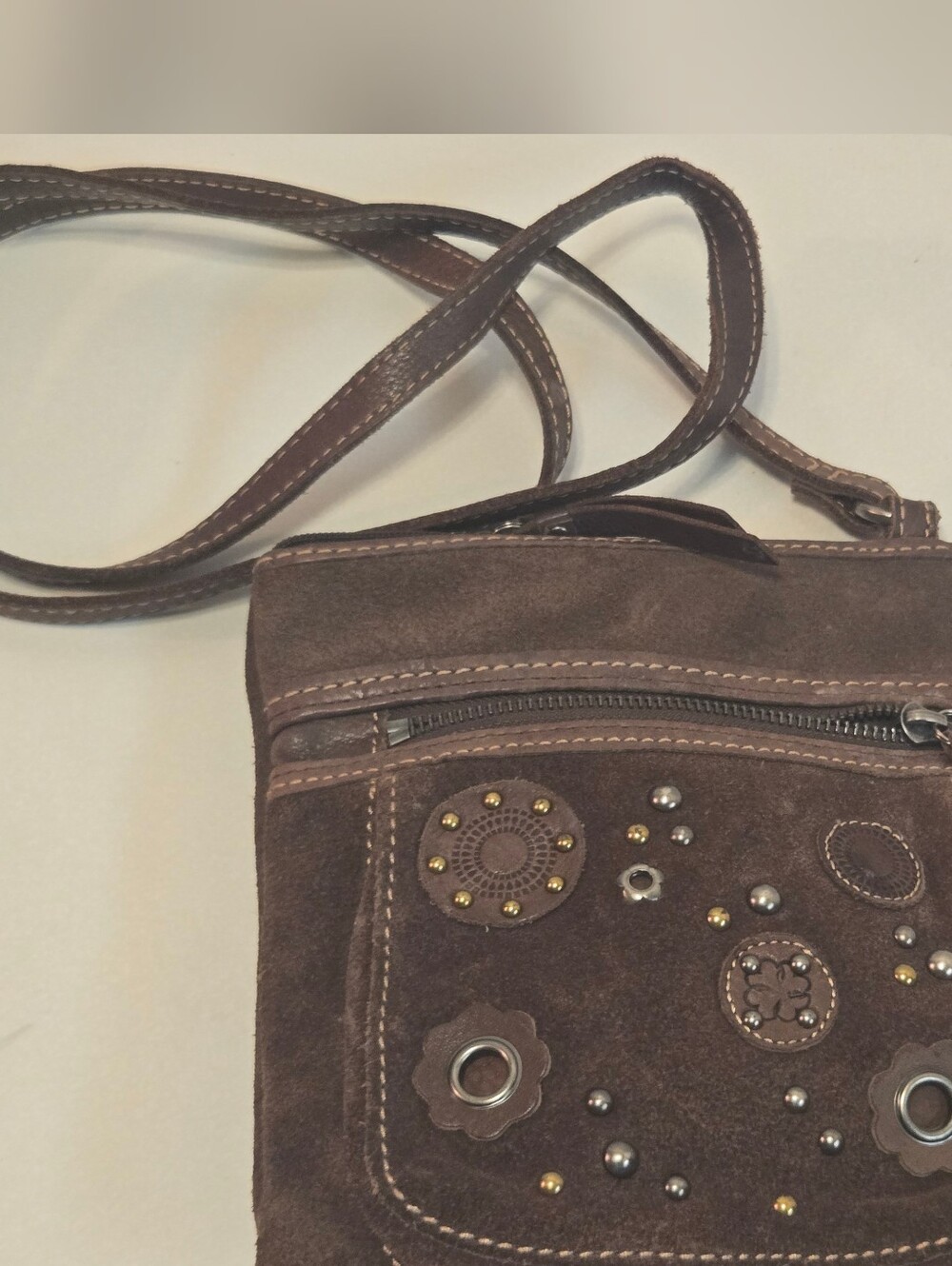 Fossil Brown Suede Crossbody Bag with Stud Accents